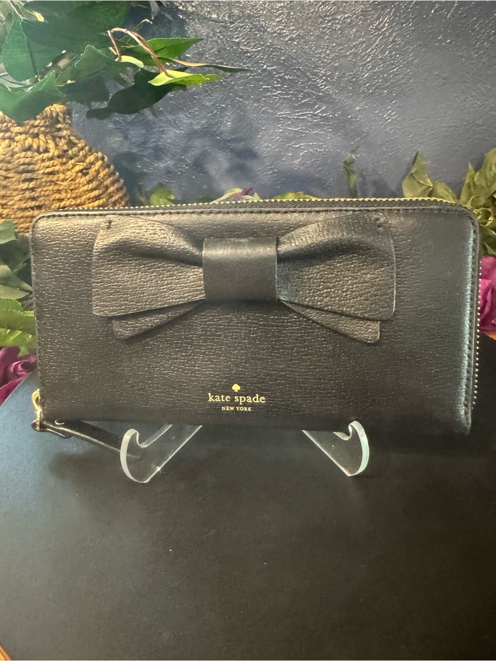 Kate Spade NY Black Leather Continental Wallet With Front Bow Accent